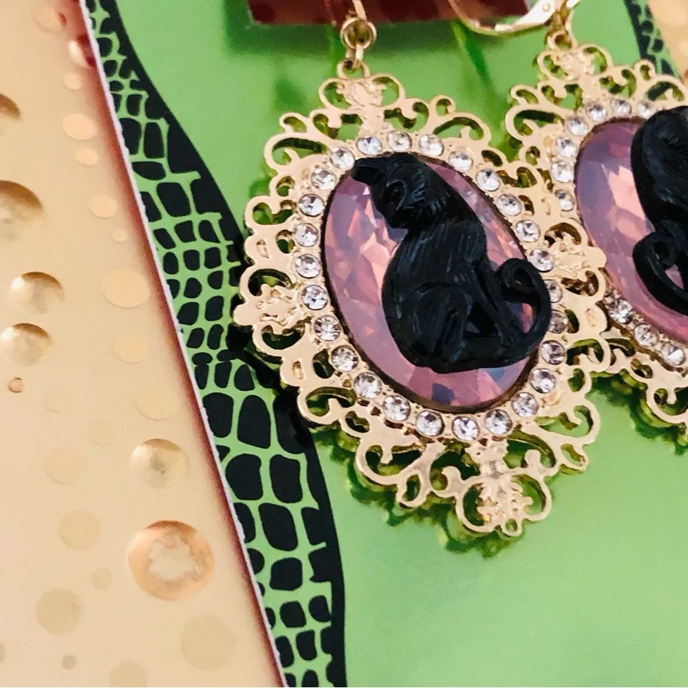 Authentic Betsey Johnson Earrings - Black Cat Gold Filigree Rhinestone Goth NWT